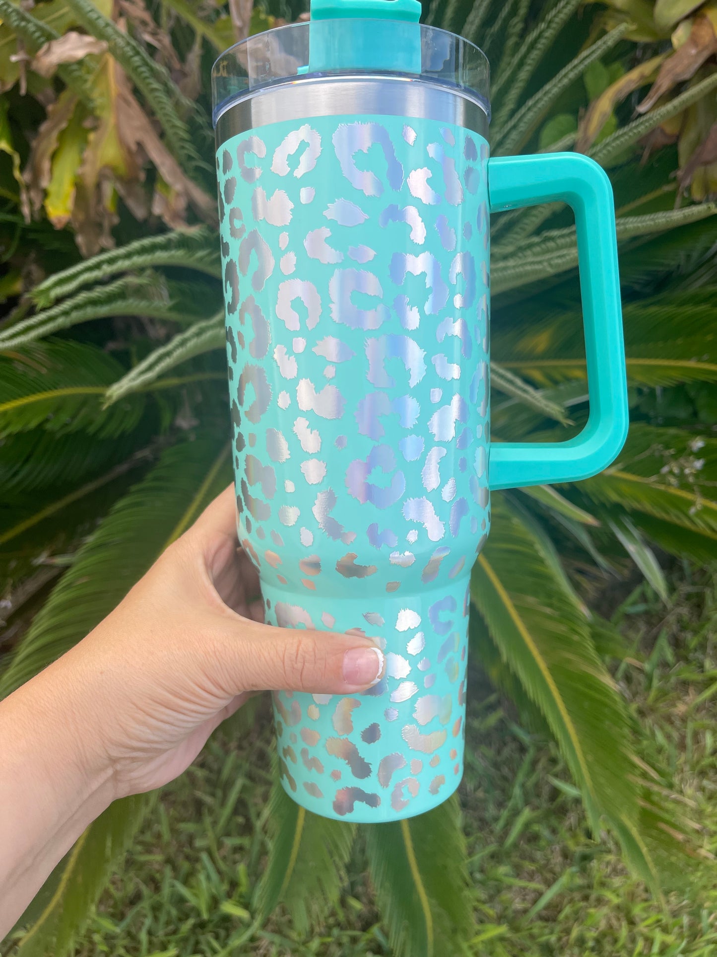 40 Ounce Leopard Holographic Tumbler with Lid and Straw