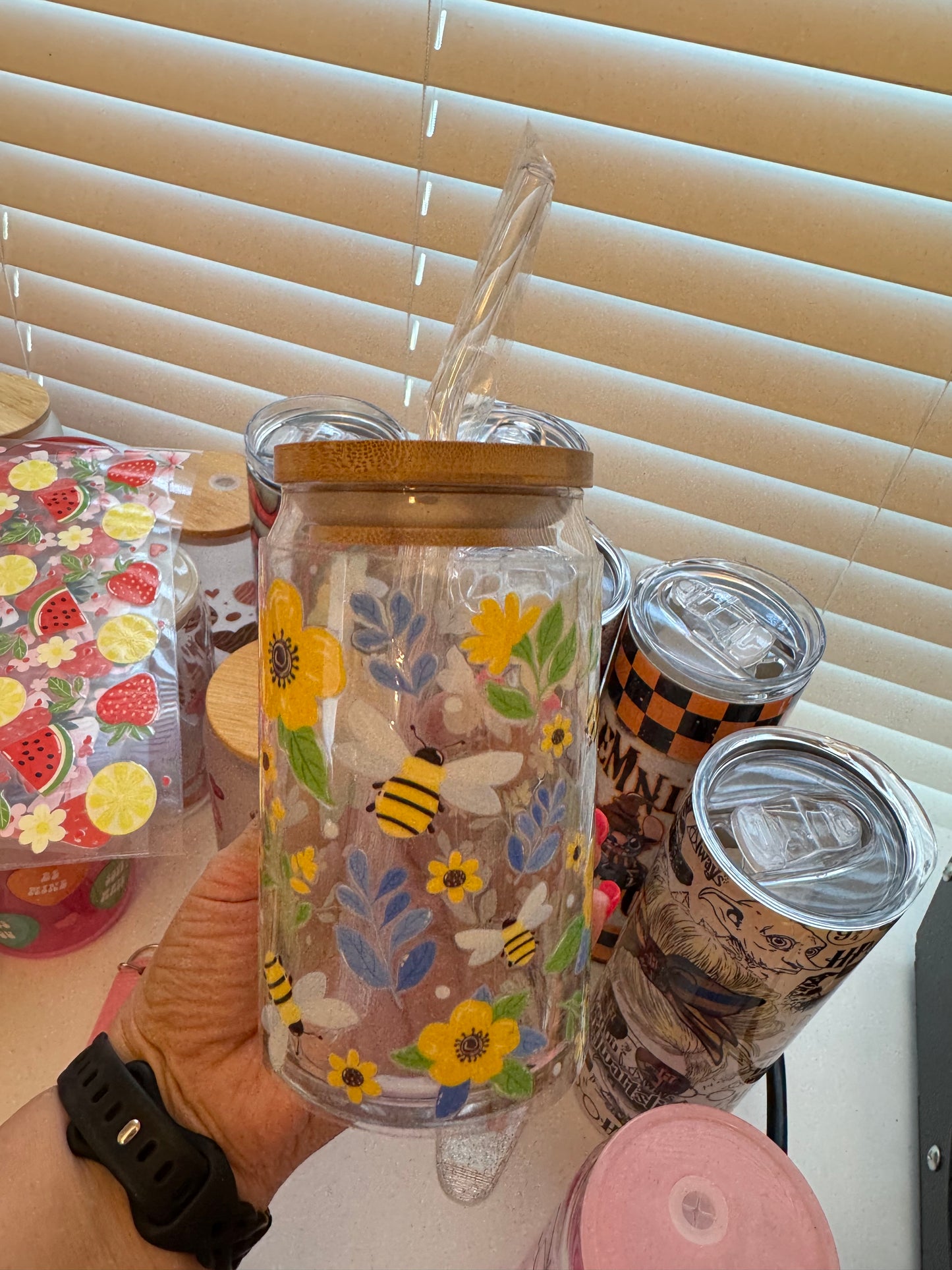 Bee Flower Glass Cup