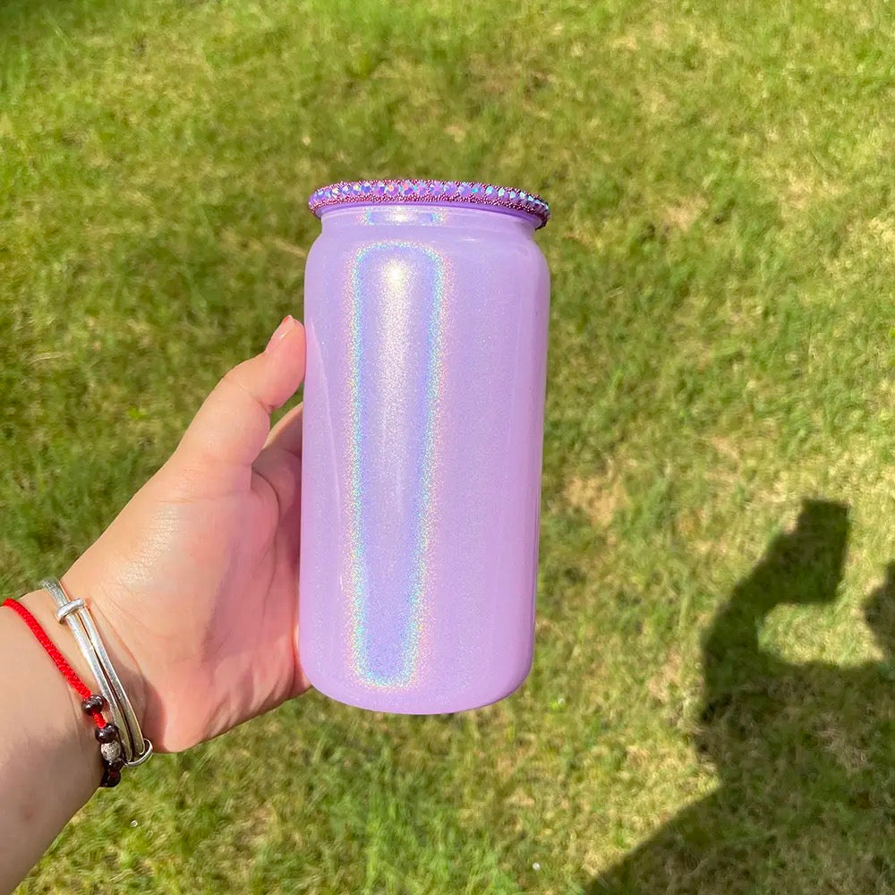 16oz Shimmer Glass Can with bling plastic lid