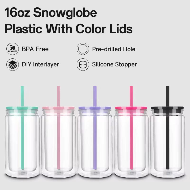 16oz Acrylic Snowglobe Colored Lid Can