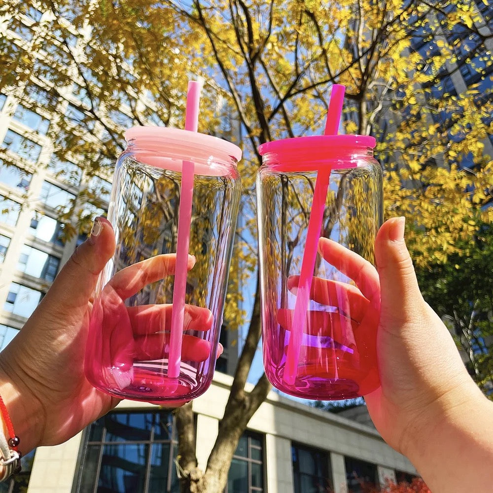 16oz clear ombre colored candy jelly beer glass can cup with colorful plastic lid and colorful straw