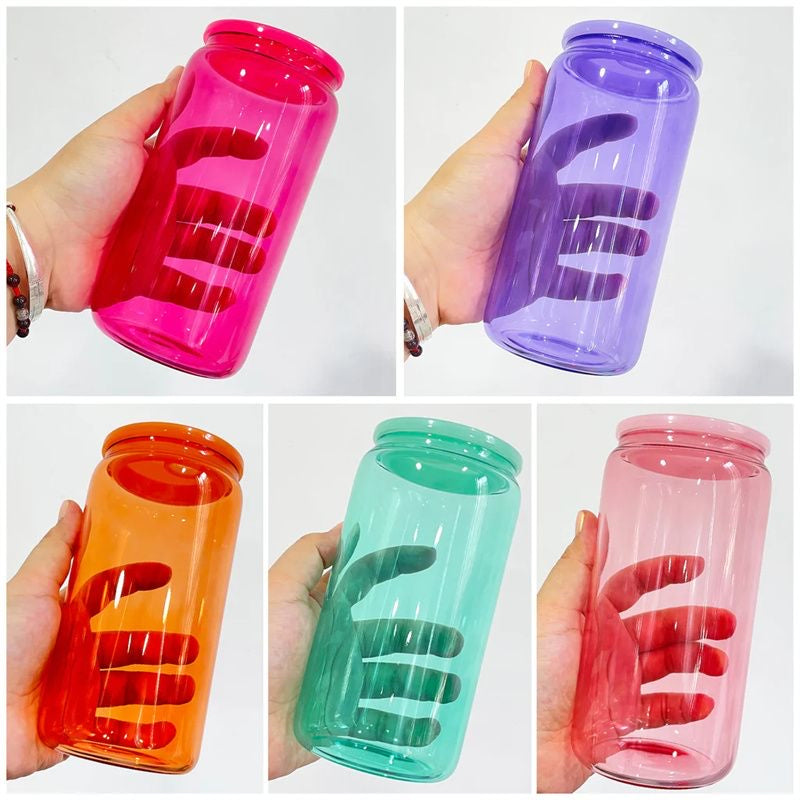 16oz clear transparent colored candy jelly beer glass can cup with colorful plastic lid and straw