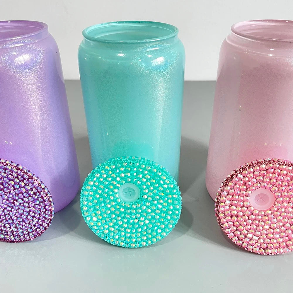 16oz Shimmer Glass Can with bling plastic lid