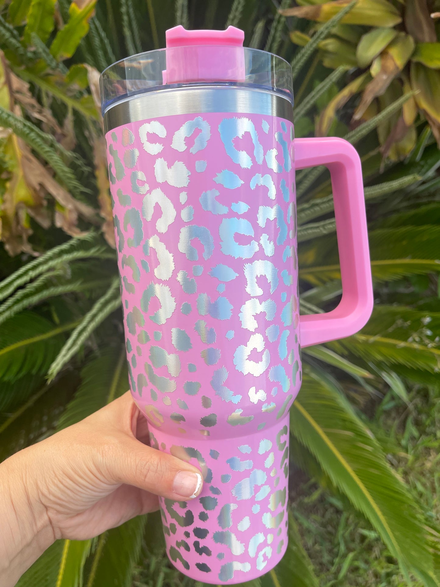40 Ounce Leopard Holographic Tumbler with Lid and Straw