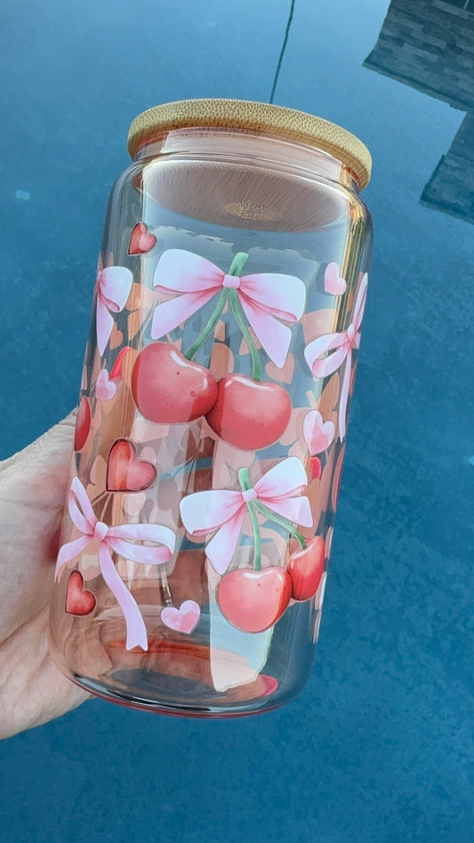 Cherry and Bow Pink Tint Glass Can