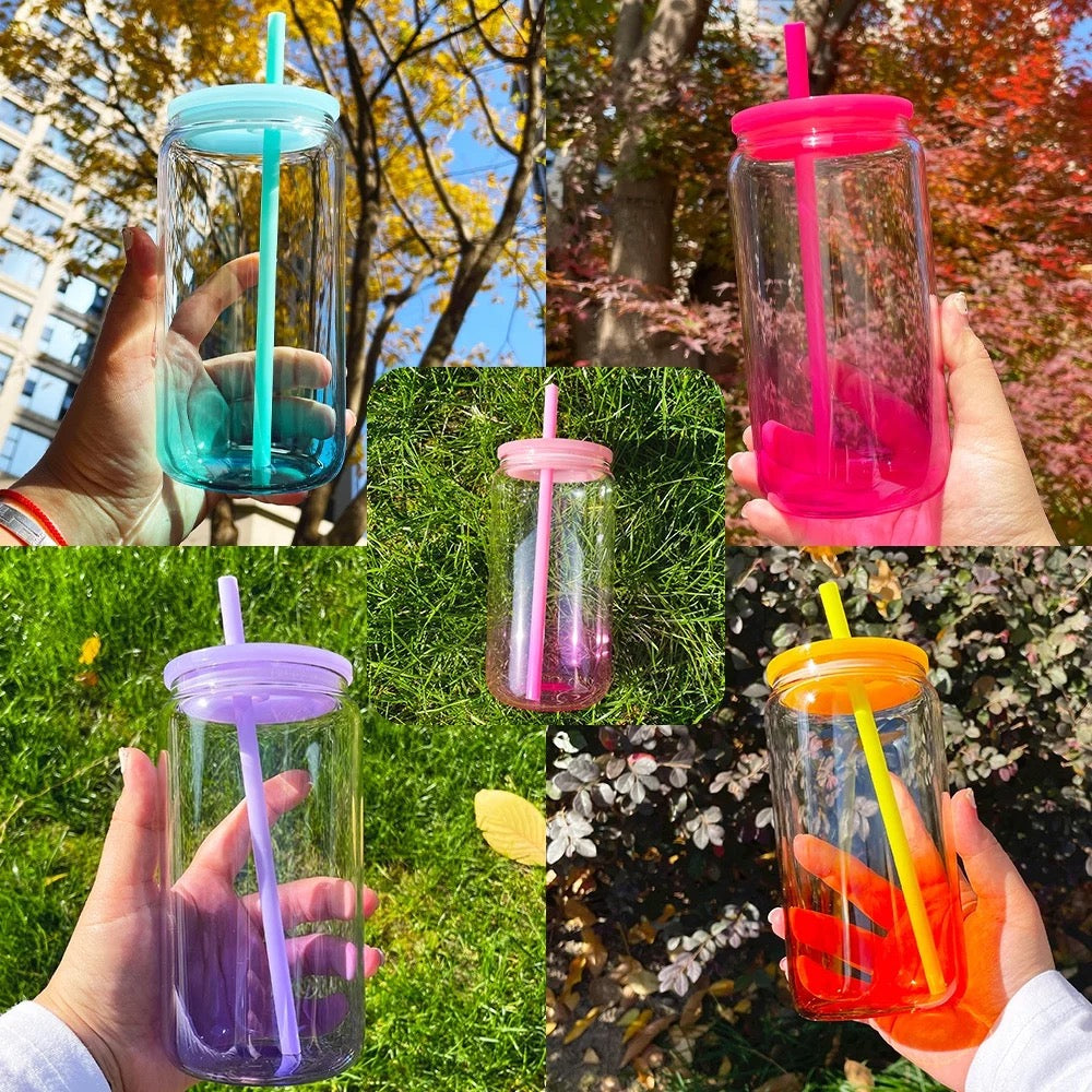 16oz clear ombre colored candy jelly beer glass can cup with colorful plastic lid and colorful straw